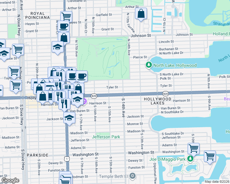 map of restaurants, bars, coffee shops, grocery stores, and more near 1424 Hollywood Boulevard in Hollywood