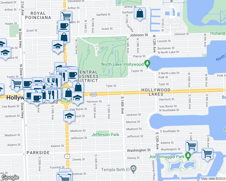 map of restaurants, bars, coffee shops, grocery stores, and more near 1424 Hollywood Boulevard in Hollywood