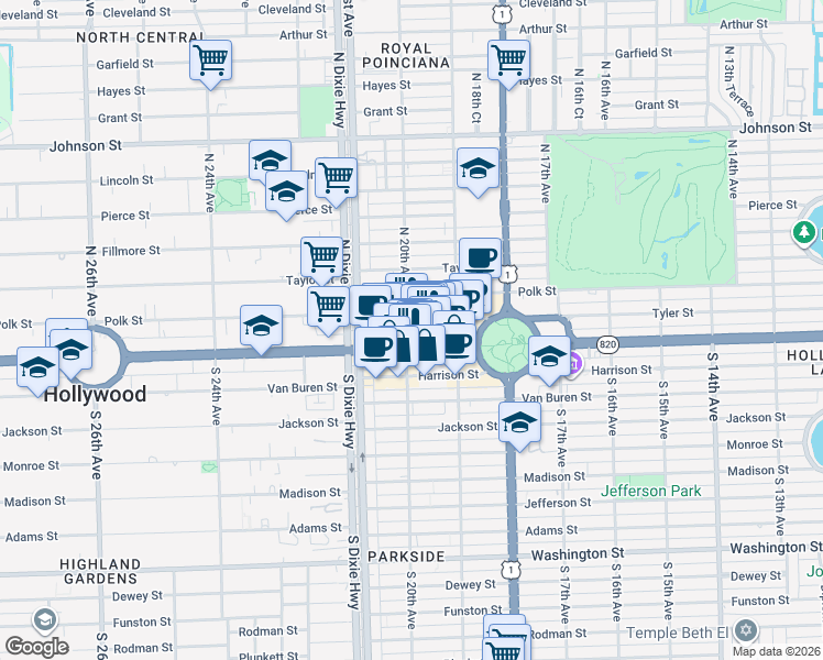 map of restaurants, bars, coffee shops, grocery stores, and more near 1937 Florida 820 in Hollywood