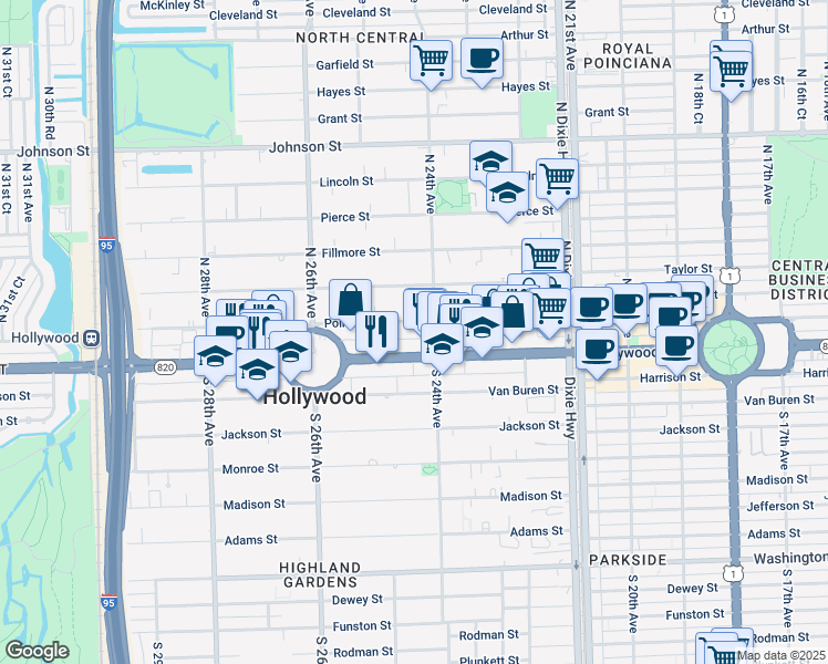 map of restaurants, bars, coffee shops, grocery stores, and more near 2425 Hollywood Boulevard in Hollywood