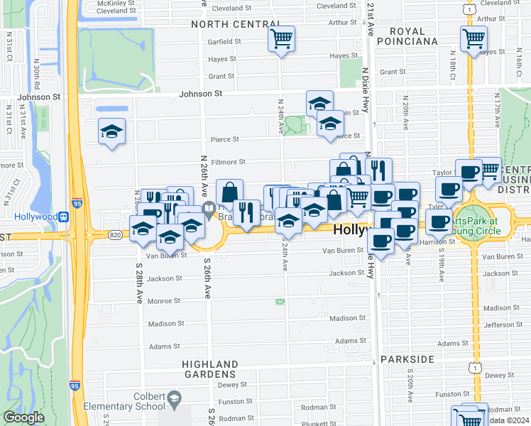 map of restaurants, bars, coffee shops, grocery stores, and more near 2425 Hollywood Boulevard in Hollywood