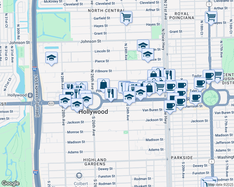 map of restaurants, bars, coffee shops, grocery stores, and more near 2425 Hollywood Boulevard in Hollywood
