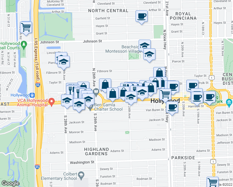 map of restaurants, bars, coffee shops, grocery stores, and more near 2425 Hollywood Boulevard in Hollywood