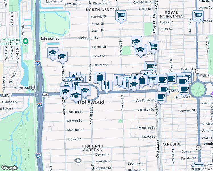 map of restaurants, bars, coffee shops, grocery stores, and more near 2475 Hollywood Boulevard in Hollywood