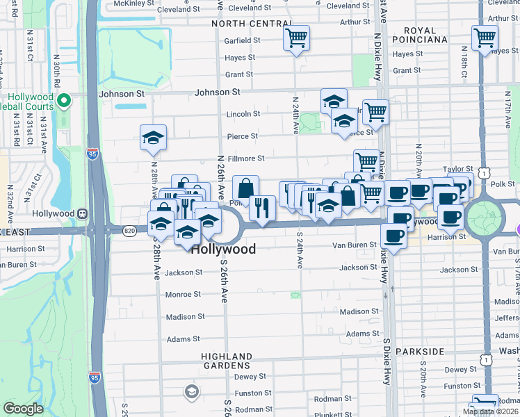 map of restaurants, bars, coffee shops, grocery stores, and more near 2475 Hollywood Boulevard in Hollywood