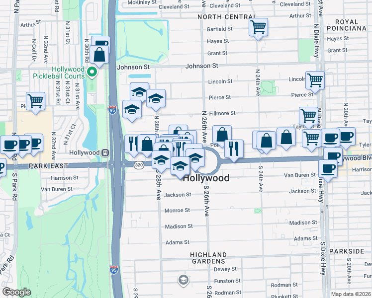 map of restaurants, bars, coffee shops, grocery stores, and more near 2701 Hollywood Boulevard in Hollywood