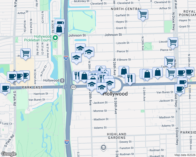 map of restaurants, bars, coffee shops, grocery stores, and more near 2701 Hollywood Boulevard in Hollywood