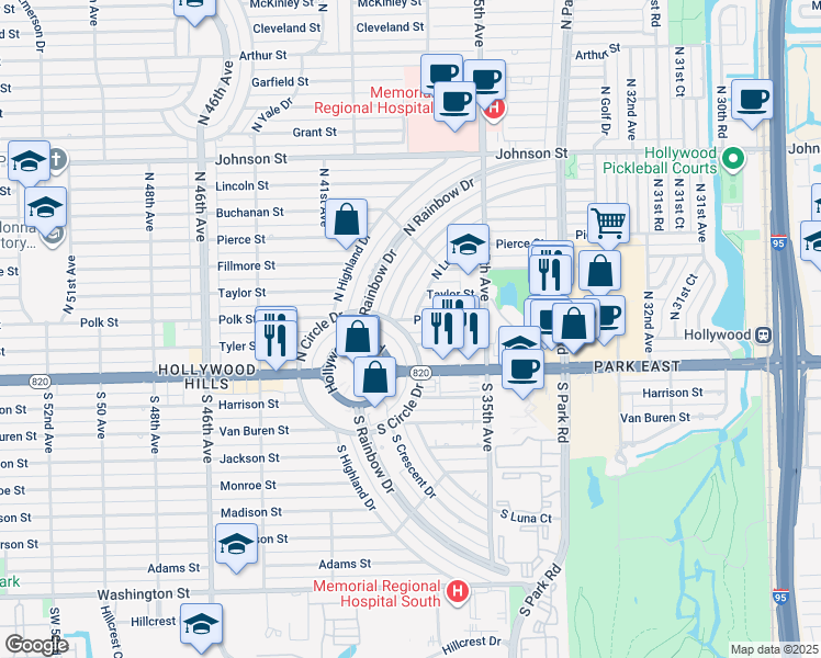 map of restaurants, bars, coffee shops, grocery stores, and more near 3785 Tyler Street in Hollywood