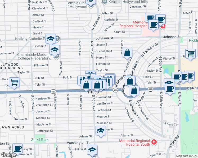 map of restaurants, bars, coffee shops, grocery stores, and more near 4501 Tyler Street in Hollywood