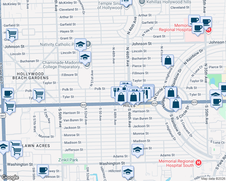 map of restaurants, bars, coffee shops, grocery stores, and more near 4727 Tyler Street in Hollywood