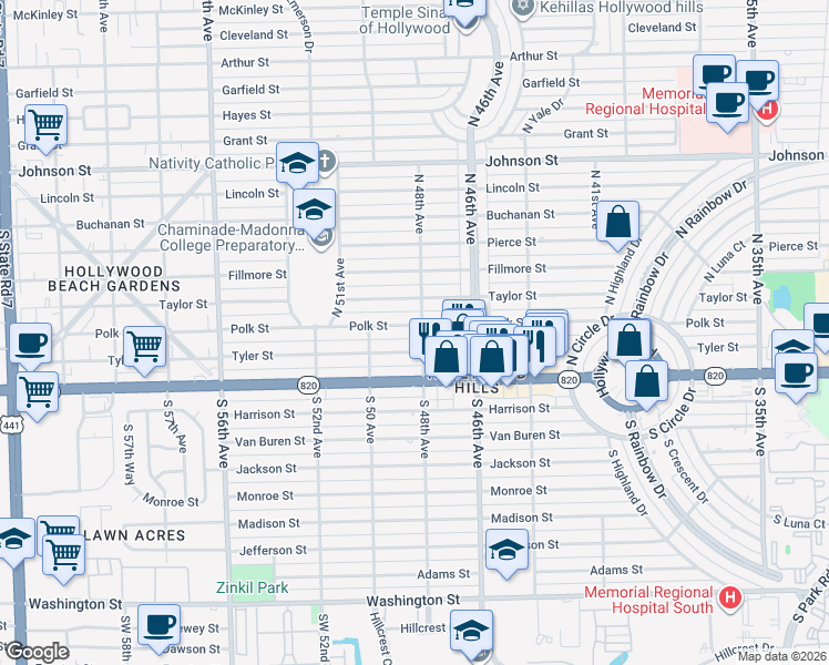 map of restaurants, bars, coffee shops, grocery stores, and more near 4727 Tyler Street in Hollywood