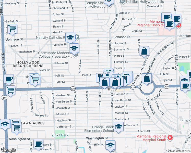 map of restaurants, bars, coffee shops, grocery stores, and more near 4911 Tyler Street in Hollywood
