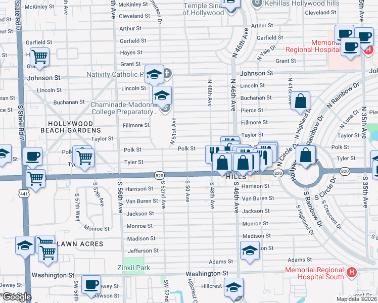 map of restaurants, bars, coffee shops, grocery stores, and more near 4911 Tyler Street in Hollywood