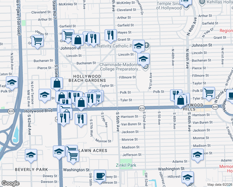 map of restaurants, bars, coffee shops, grocery stores, and more near 5511 Tyler Street in Hollywood