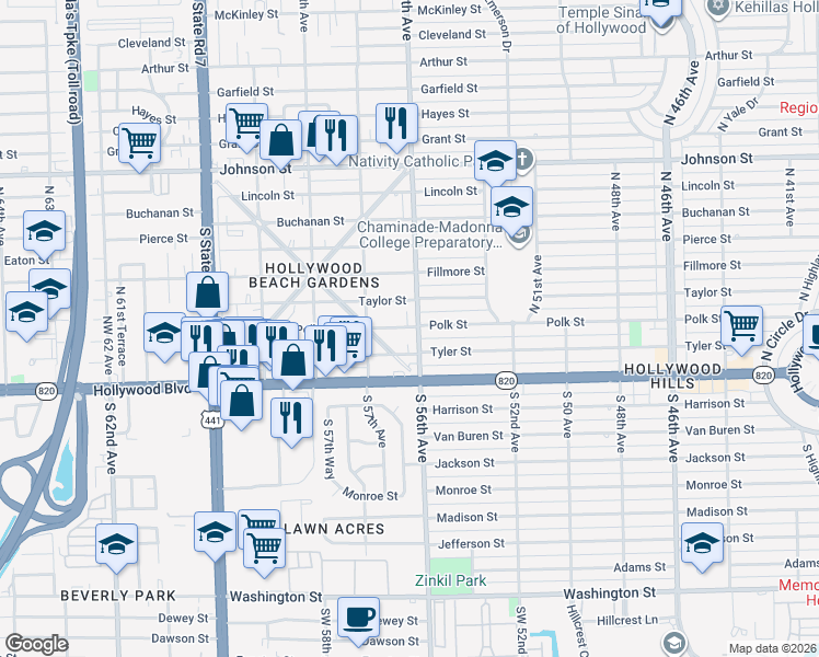 map of restaurants, bars, coffee shops, grocery stores, and more near 203 Glenn Parkway in Hollywood