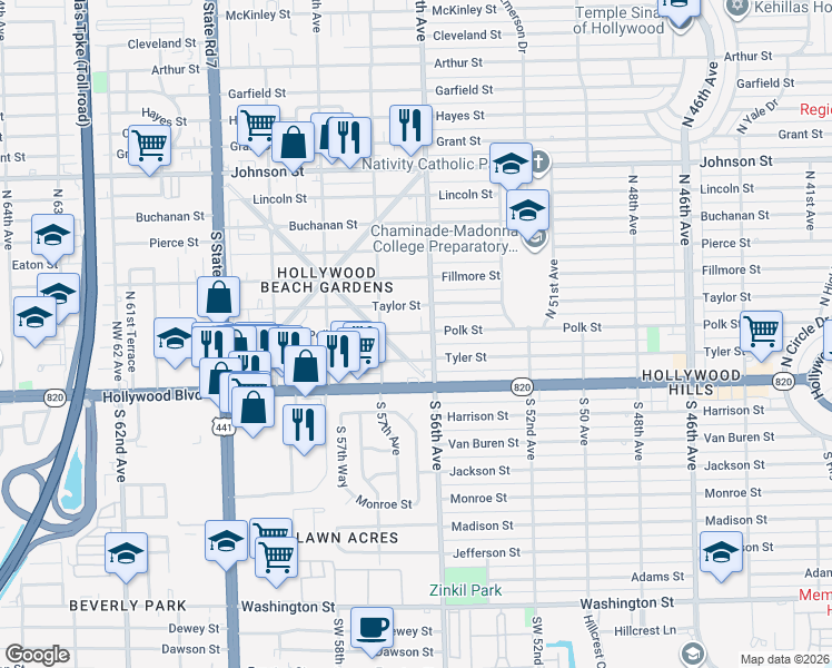 map of restaurants, bars, coffee shops, grocery stores, and more near 203 Glenn Parkway in Hollywood