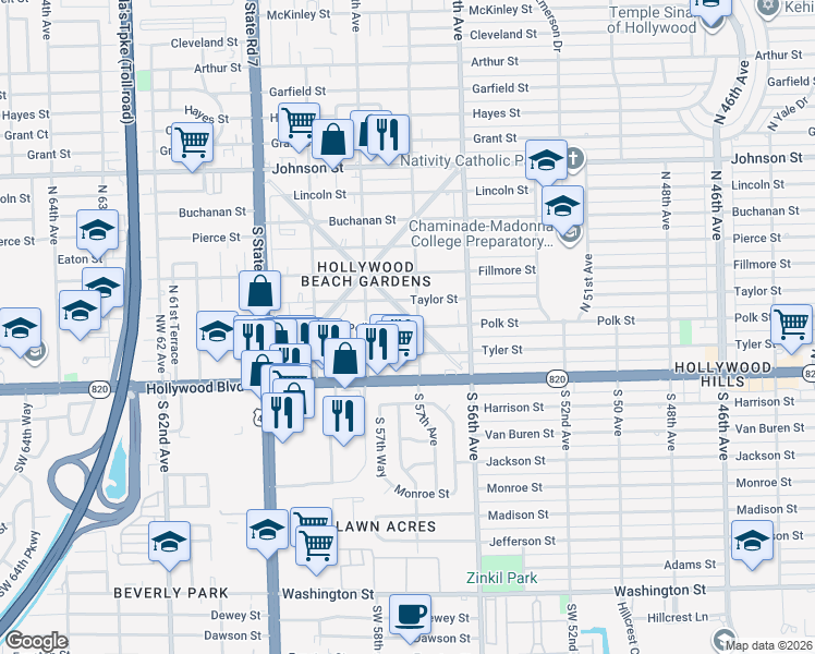 map of restaurants, bars, coffee shops, grocery stores, and more near 5703 Tyler Street in Hollywood