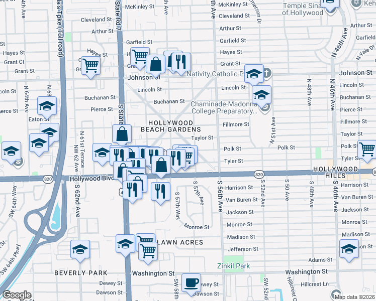 map of restaurants, bars, coffee shops, grocery stores, and more near 5703 Tyler Street in Hollywood