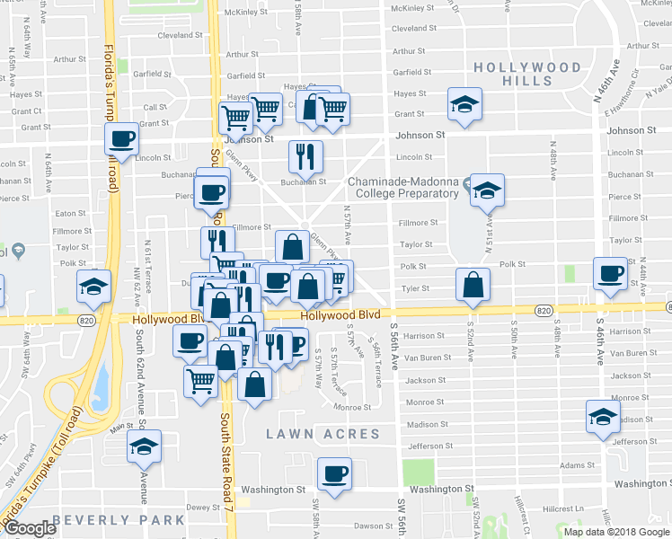 map of restaurants, bars, coffee shops, grocery stores, and more near 5703 Tyler Street in Hollywood