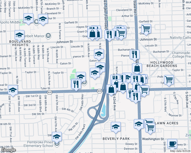 map of restaurants, bars, coffee shops, grocery stores, and more near 6301 Hollywood Boulevard in Hollywood