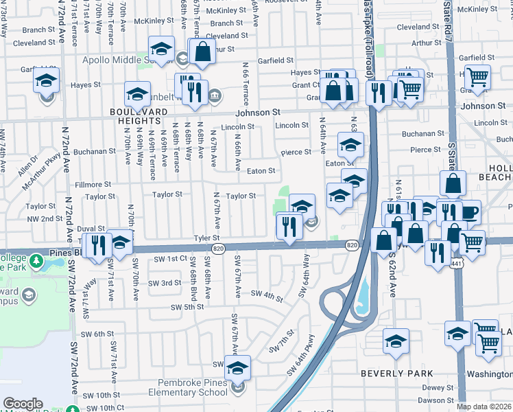 map of restaurants, bars, coffee shops, grocery stores, and more near 251 North 65th Way in Hollywood