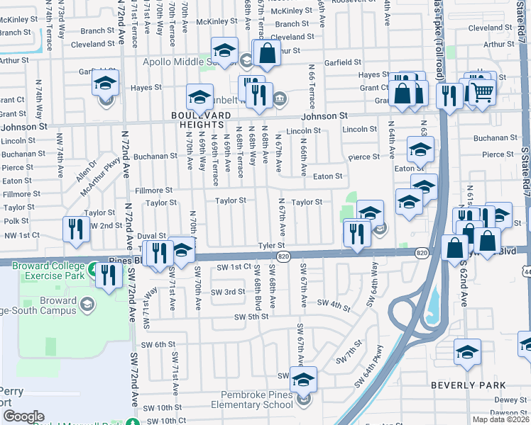 map of restaurants, bars, coffee shops, grocery stores, and more near 251 North 68th Avenue in Hollywood