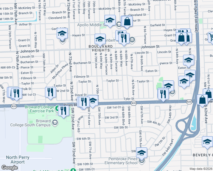 map of restaurants, bars, coffee shops, grocery stores, and more near 251 North 69th Terrace in Hollywood