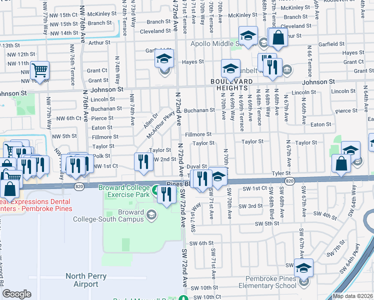 map of restaurants, bars, coffee shops, grocery stores, and more near 200 North 72nd Avenue in Hollywood