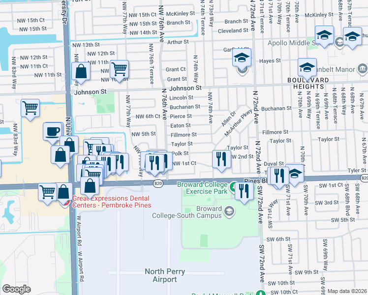map of restaurants, bars, coffee shops, grocery stores, and more near 7500 Polk Street in Hollywood