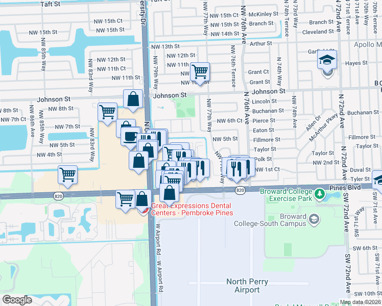 map of restaurants, bars, coffee shops, grocery stores, and more near 36 Northwest 78th Terrace in Pembroke Pines