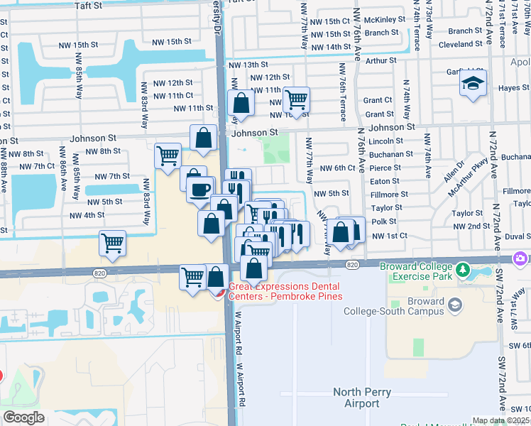 map of restaurants, bars, coffee shops, grocery stores, and more near 13 Northwest 3rd Street in Pembroke Pines