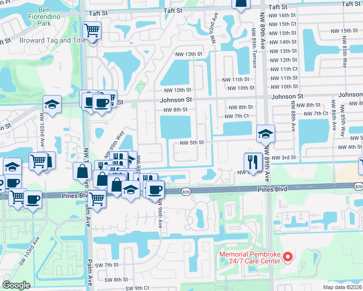 map of restaurants, bars, coffee shops, grocery stores, and more near 9420 Northwest 4th Street in Pembroke Pines