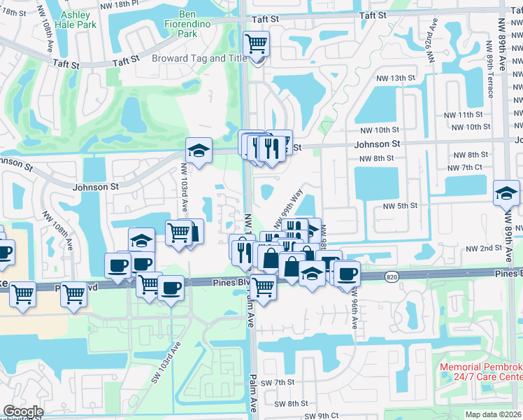 map of restaurants, bars, coffee shops, grocery stores, and more near 330 Northwest 99th Way in Pembroke Pines