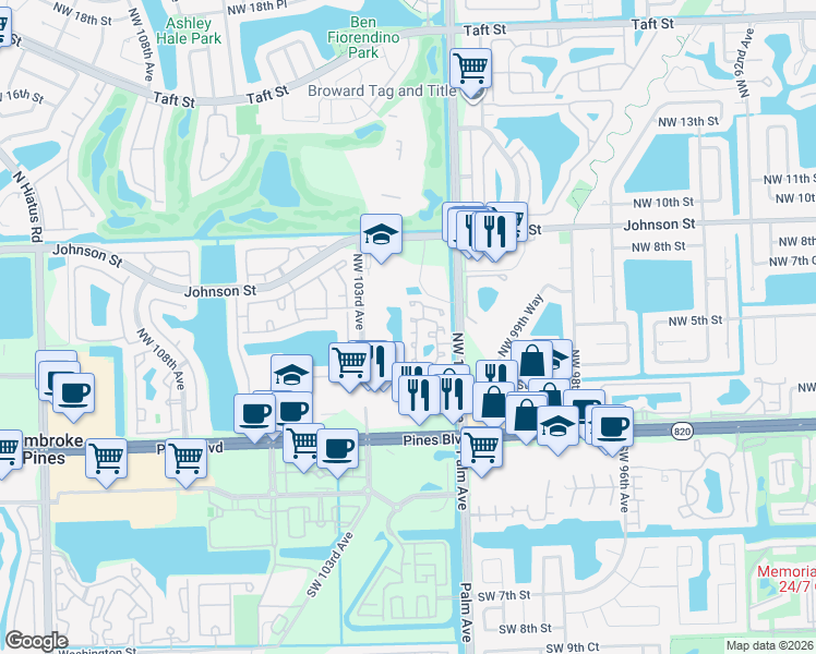 map of restaurants, bars, coffee shops, grocery stores, and more near 431 Northwest 102nd Terrace in Pembroke Pines