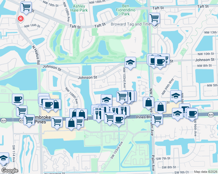 map of restaurants, bars, coffee shops, grocery stores, and more near 10500 Northwest 6th Street in Pembroke Pines