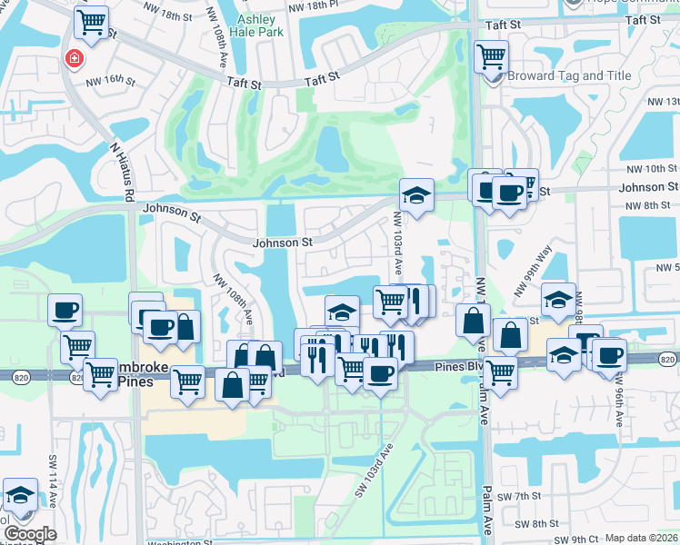 map of restaurants, bars, coffee shops, grocery stores, and more near 10500 Northwest 6th Street in Pembroke Pines