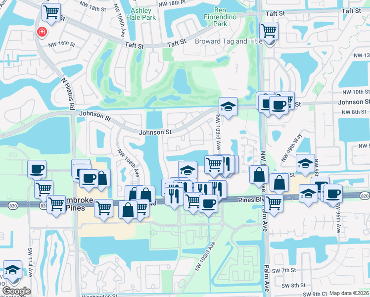 map of restaurants, bars, coffee shops, grocery stores, and more near 10500 Northwest 6th Street in Pembroke Pines