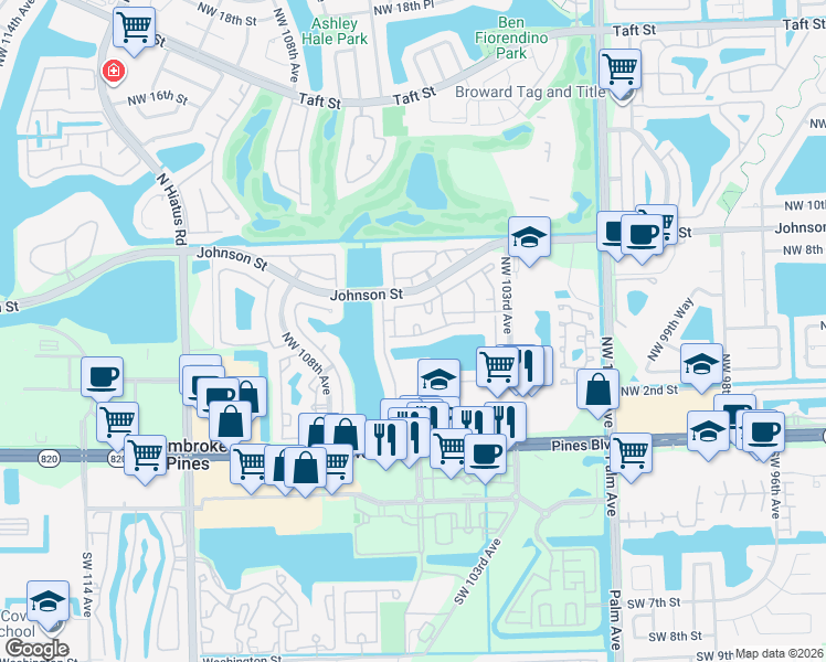 map of restaurants, bars, coffee shops, grocery stores, and more near 10576 Northwest 6th Street in Pembroke Pines