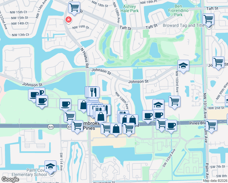 map of restaurants, bars, coffee shops, grocery stores, and more near 372 Northwest 107th Avenue in Pembroke Pines