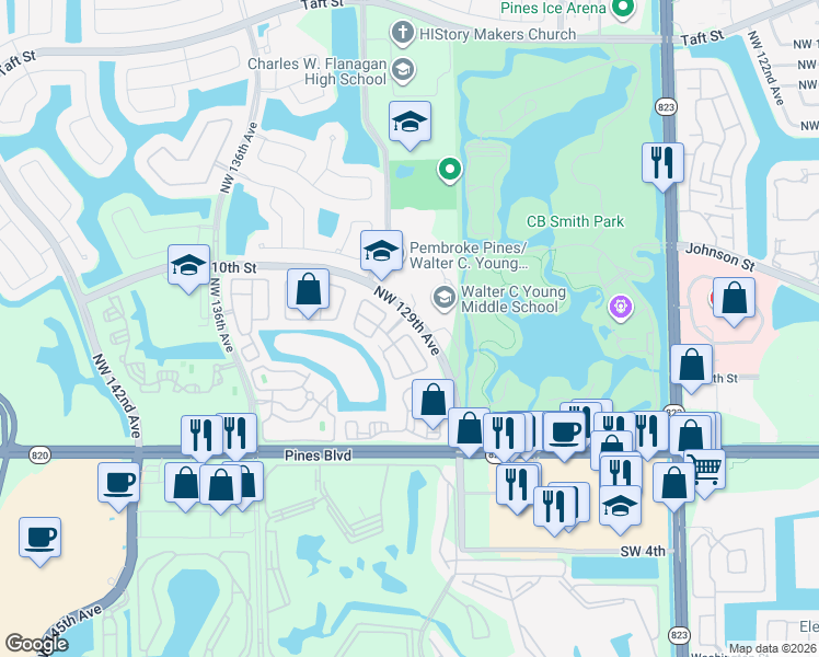 map of restaurants, bars, coffee shops, grocery stores, and more near 555 Northwest 129th Way in Pembroke Pines