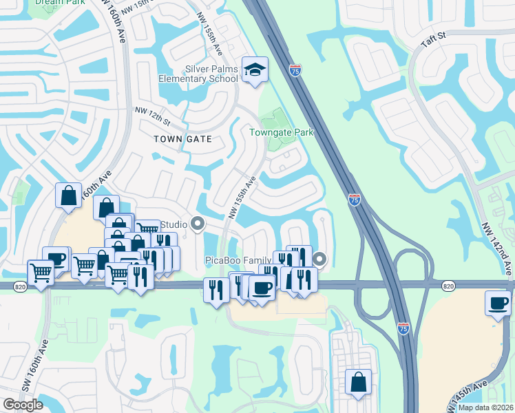 map of restaurants, bars, coffee shops, grocery stores, and more near 15340 Northwest 6th Court in Pembroke Pines