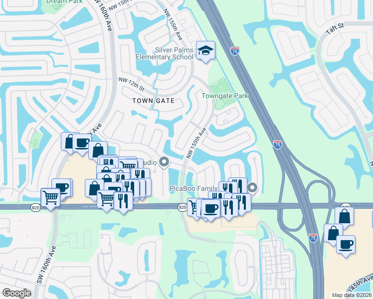 map of restaurants, bars, coffee shops, grocery stores, and more near 601 Northwest 155th Terrace in Pembroke Pines