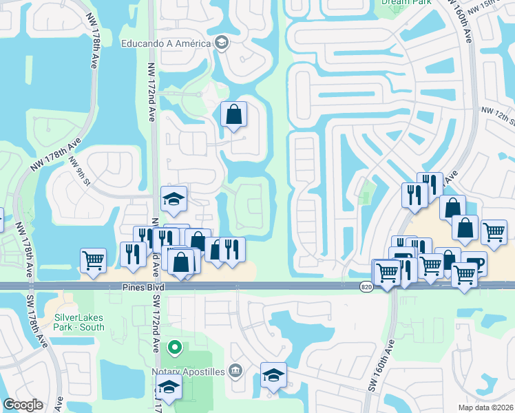 map of restaurants, bars, coffee shops, grocery stores, and more near 897 Northwest 167th Avenue in Pembroke Pines