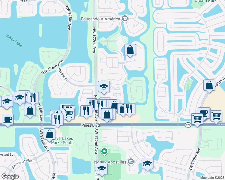 map of restaurants, bars, coffee shops, grocery stores, and more near 746 Northwest 170th Terrace in Pembroke Pines