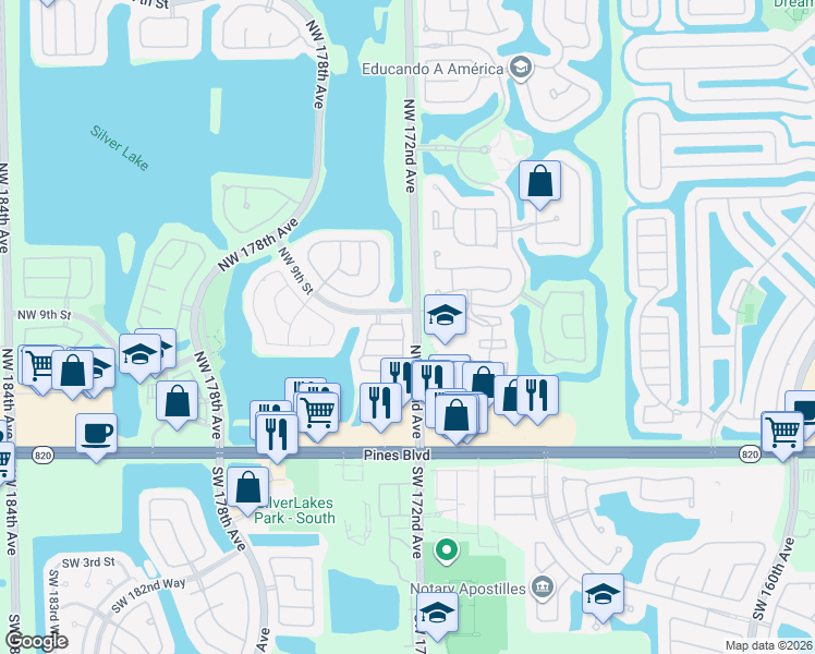 map of restaurants, bars, coffee shops, grocery stores, and more near 17214 Northwest 7th Street in Pembroke Pines