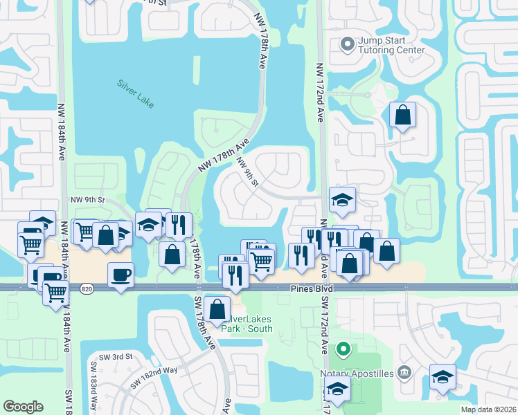 map of restaurants, bars, coffee shops, grocery stores, and more near 17401 Northwest 7th Street in Pembroke Pines