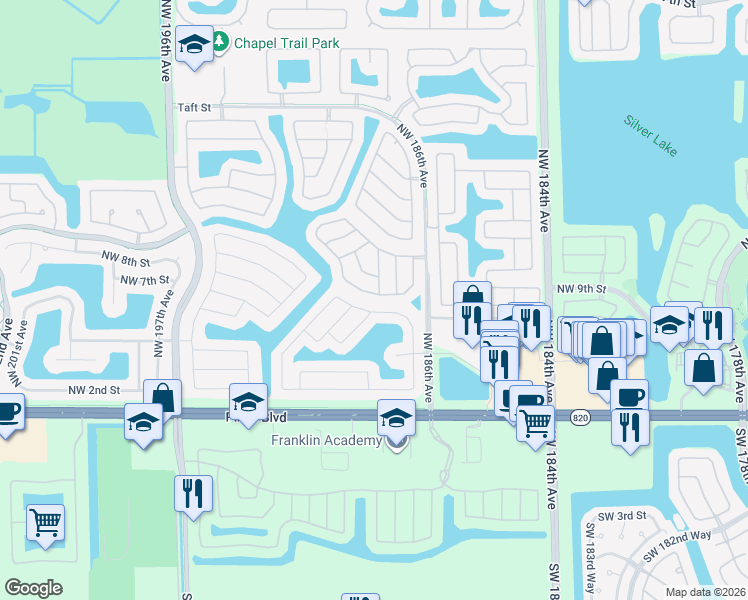 map of restaurants, bars, coffee shops, grocery stores, and more near 18760 Northwest 5th Street in Pembroke Pines