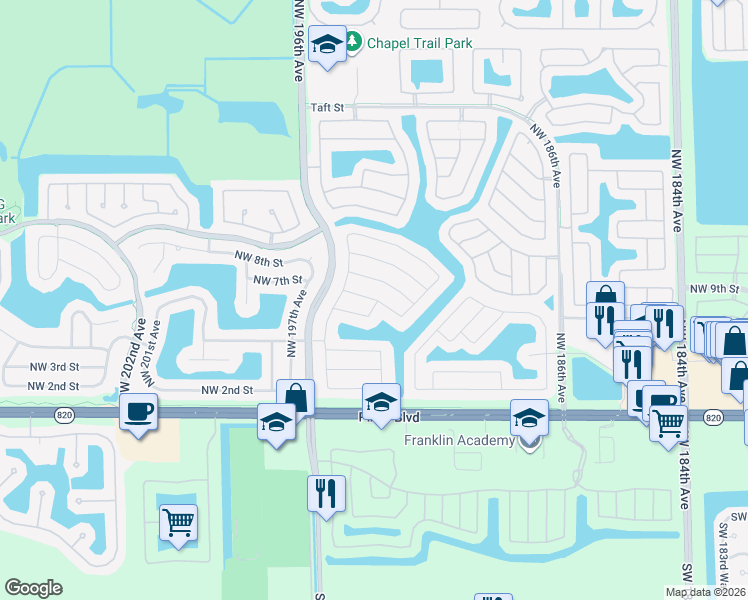 map of restaurants, bars, coffee shops, grocery stores, and more near 451 Northwest 194th Avenue in Pembroke Pines
