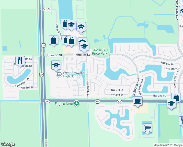 map of restaurants, bars, coffee shops, grocery stores, and more near 20765 Northwest 3rd Court in Pembroke Pines