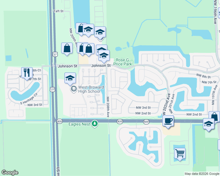 map of restaurants, bars, coffee shops, grocery stores, and more near 20765 Northwest 3rd Court in Pembroke Pines